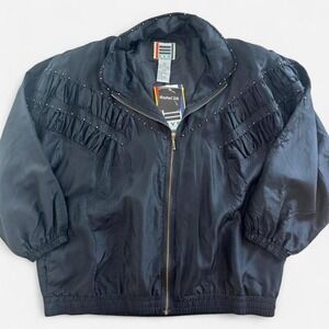 EVR DIV Rousso Studded Silk Bomber Jacket Womens 2XL Vintage 80s Navy/ Black